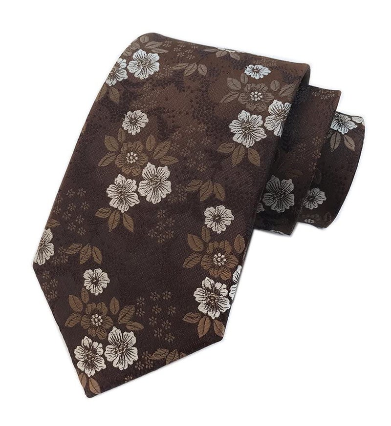 Elfeves Mens Brown with White Floral Cravat Ties Woven Business Formal Necktie Nearwear - Image 4